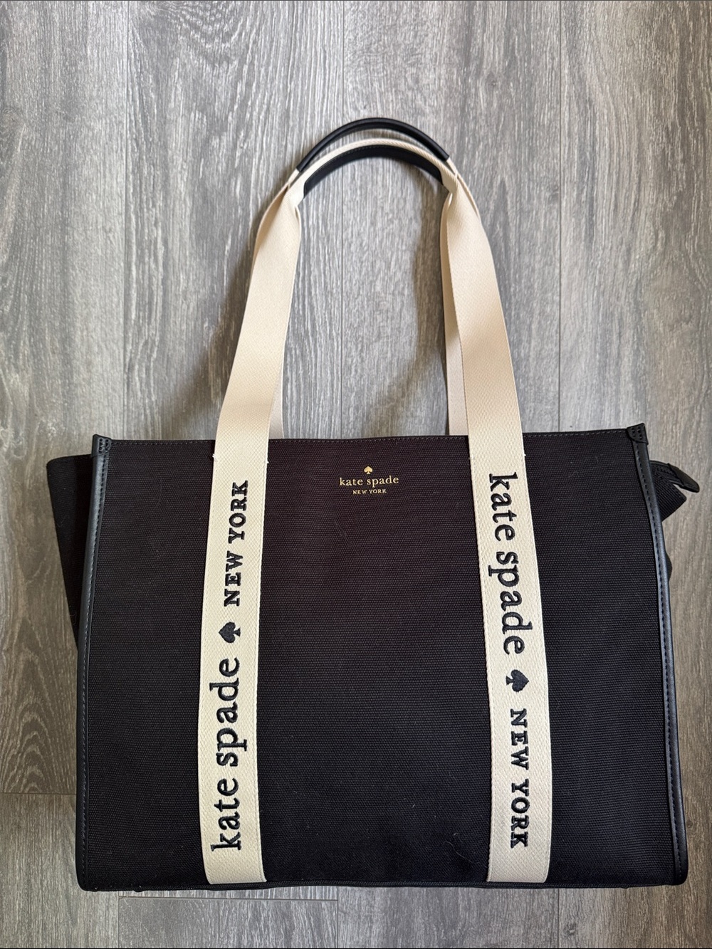 kate spade Black Canvas Tote with Cream Logo Straps